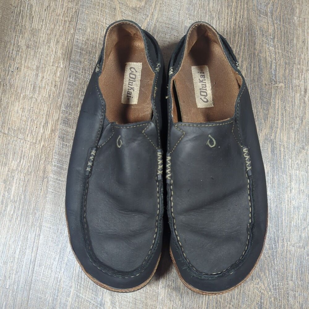 Olukai Moloa Shoes Men's Size 10.5 Black Leather Comfort Casual Loafers Moc - Picture 5 of 13